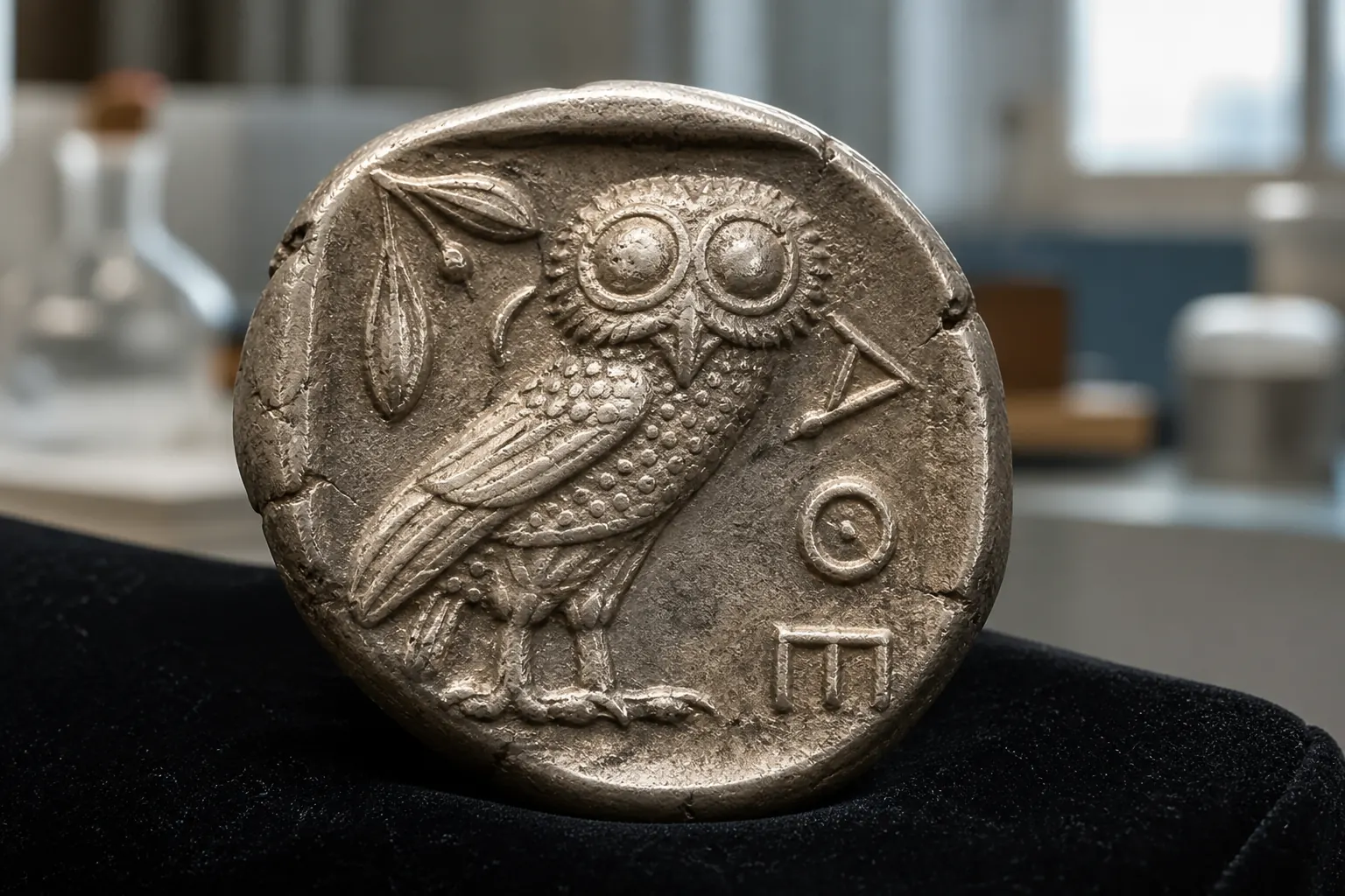 Close-up van een Atheense uil-tetradrachme op fluweel tijdens taxatie in het Leidse numismatisch atelier