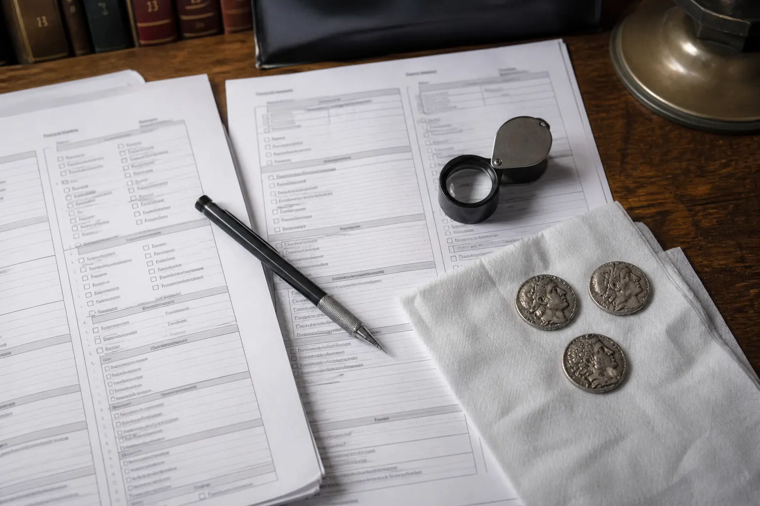 Gedrukte auditchecklijst met loupe en Griekse munten op de werktafel van het Leidse atelier