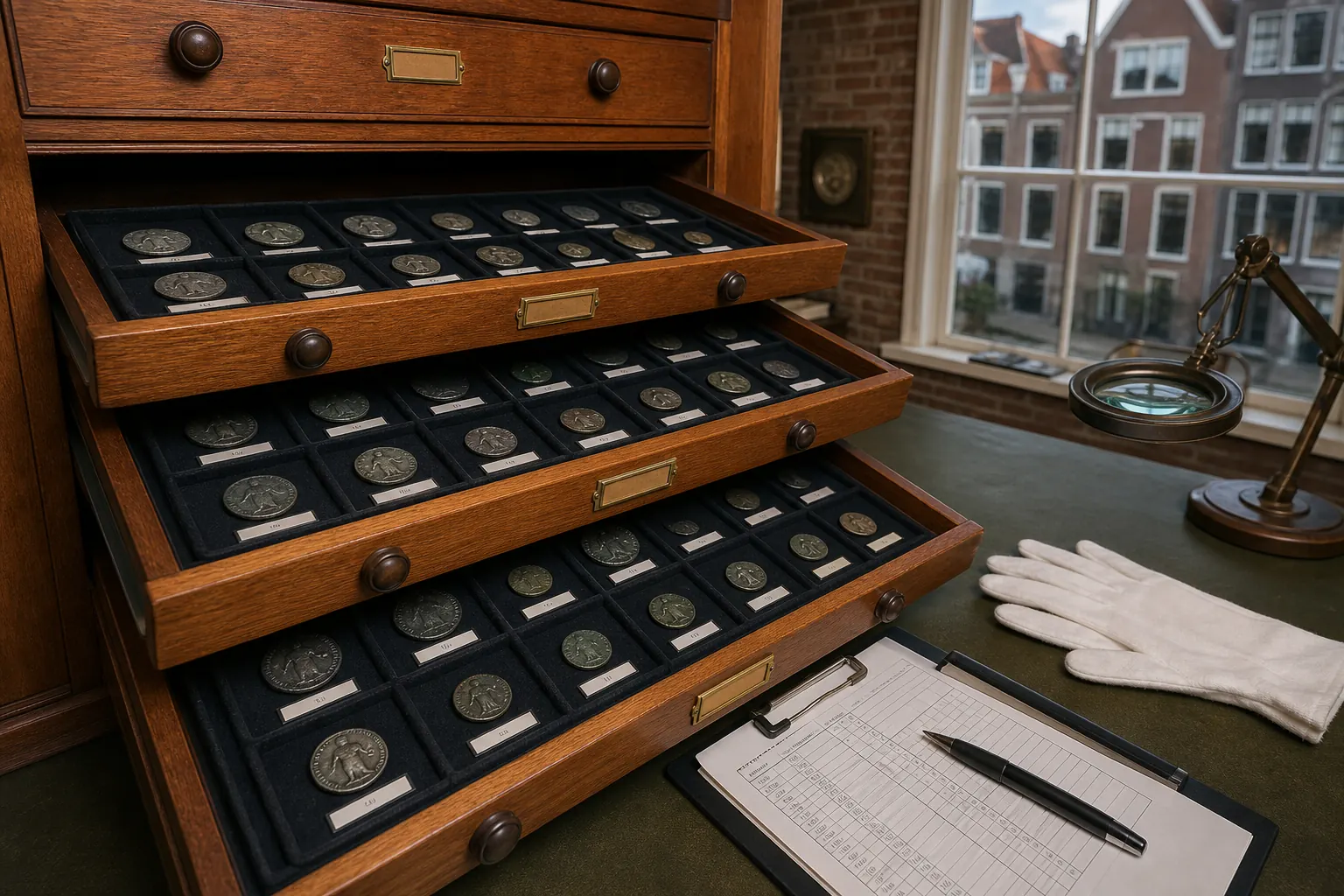 Geopende muntenkast met Griekse munten in vilten vakken tijdens een collectie-audit in Leiden