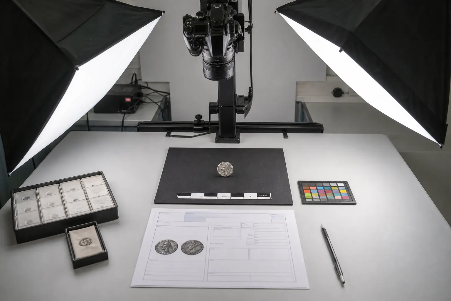 Studiophotografie van een antieke Griekse munt met schaalbalk en conditierapport in Leiden