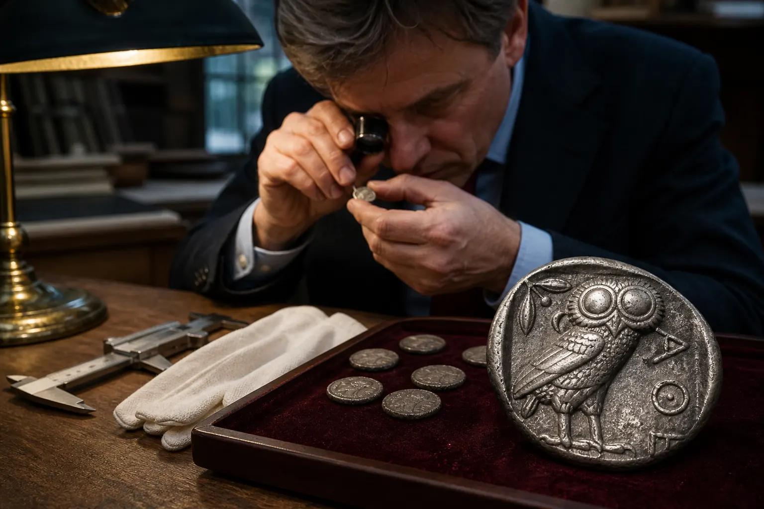 Numismatisch taxateur onderzoekt een antieke Griekse zilveren munt met loupe in het Leidse atelier