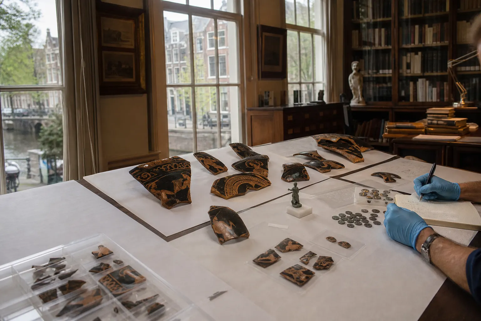 Klassiek archeoloog onderzoekt Grieks aardewerk en kleinplastiek met handschoenen in een Leids grachtenpand