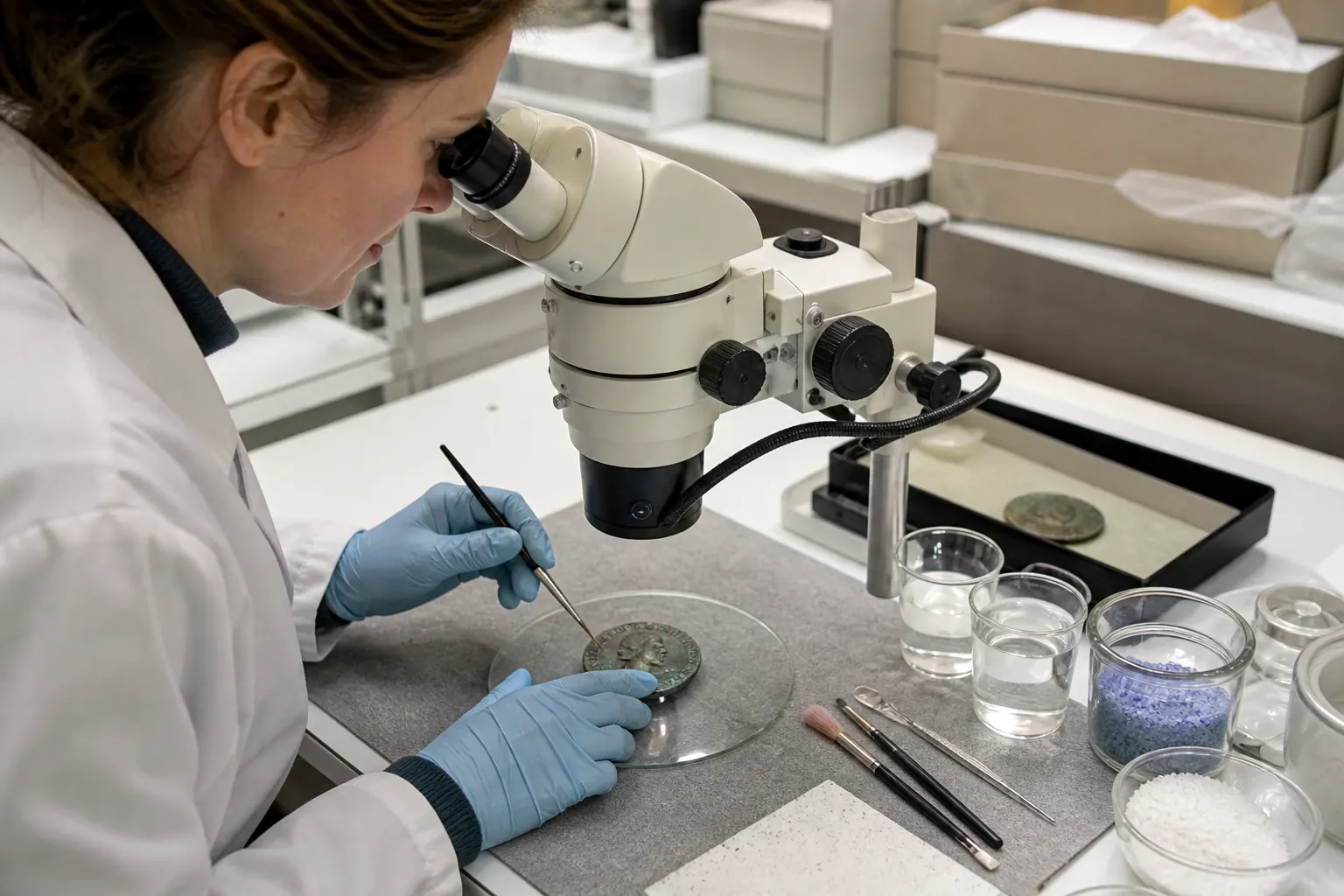 Conservator behandelt een gecorrodeerde bronzen Griekse munt onder een stereomicroscoop in Leiden