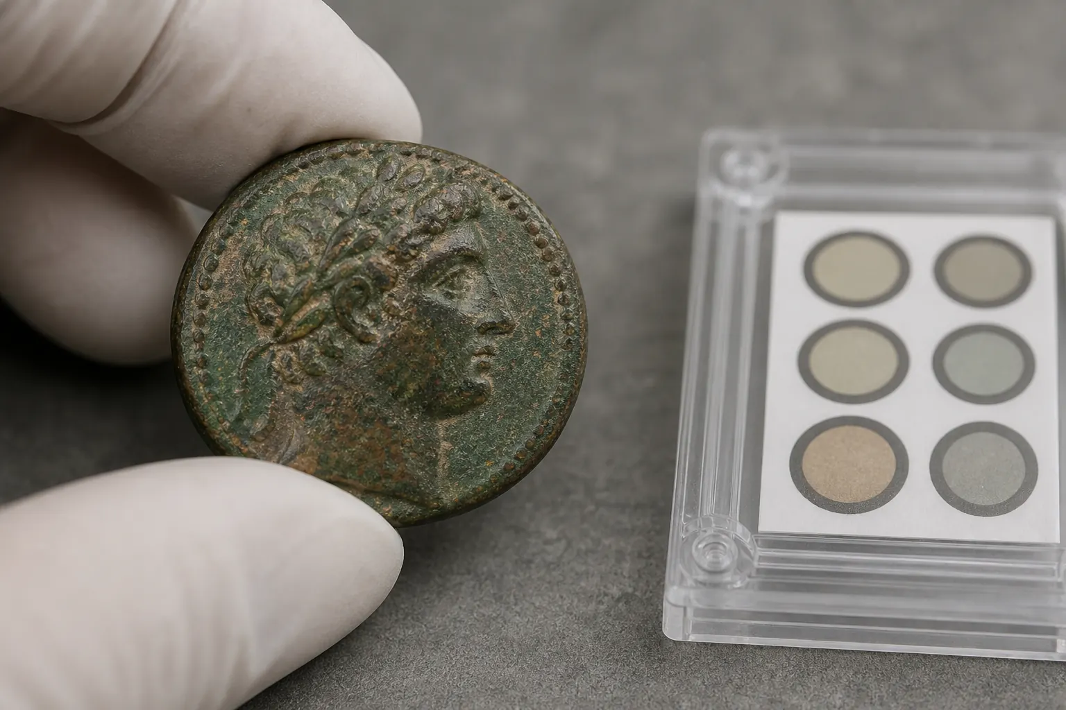 Bronzen antieke Griekse munt met groene patina in gehandschoende handen tijdens conservatiebeoordeling in Leiden