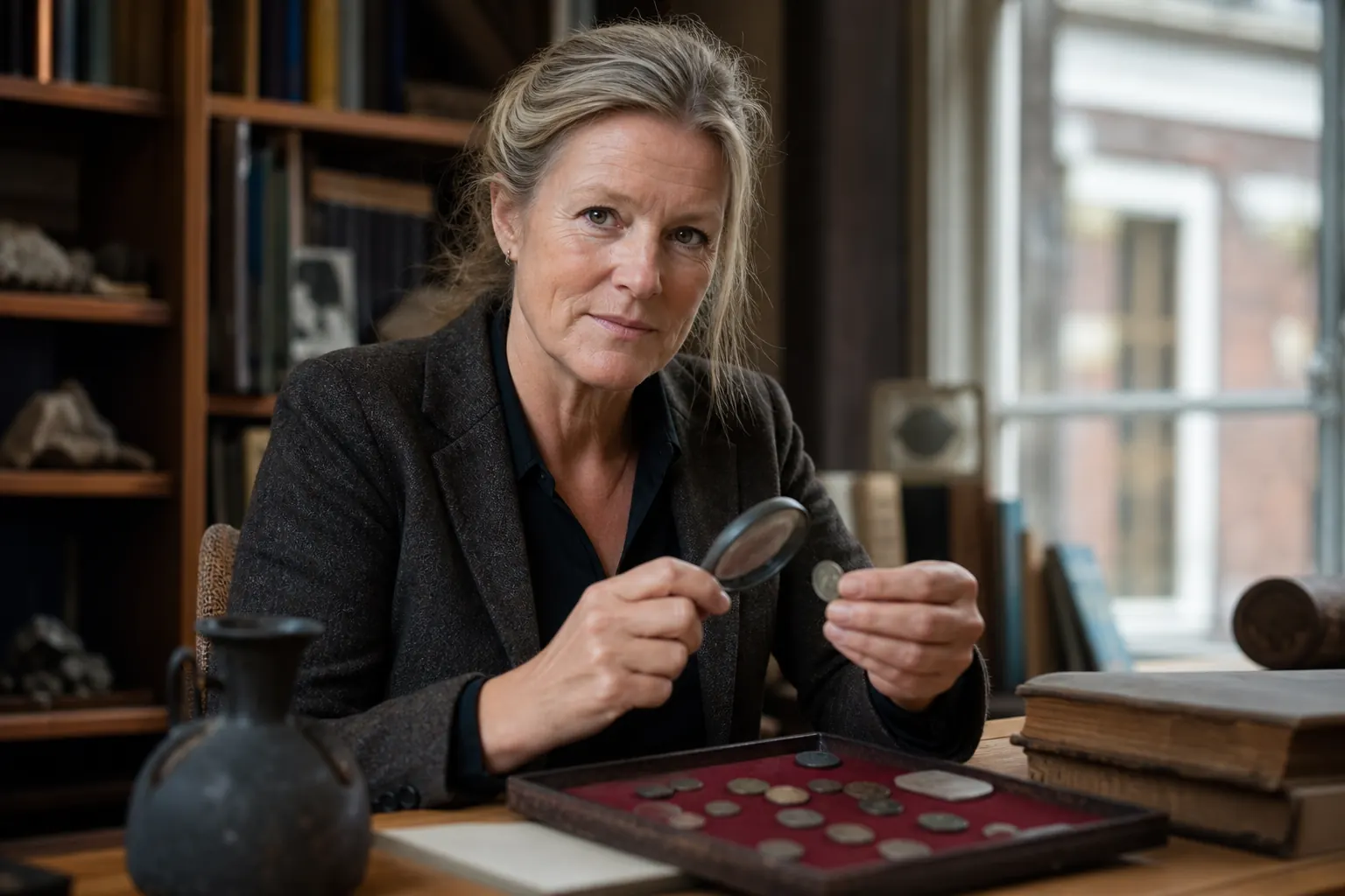Prof. Karin Mulder onderzoekt antieke munten aan haar bureau in een Leids universitair kwartier