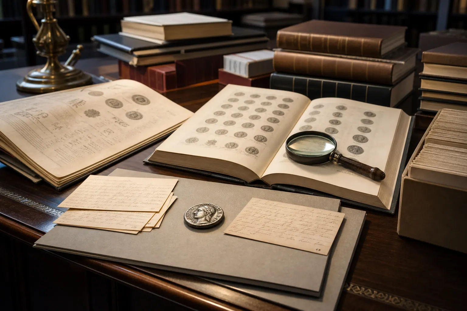 Herkomstonderzoek met veilingcatalogi, archiefkaarten en een Griekse zilveren munt op een Leids bureau